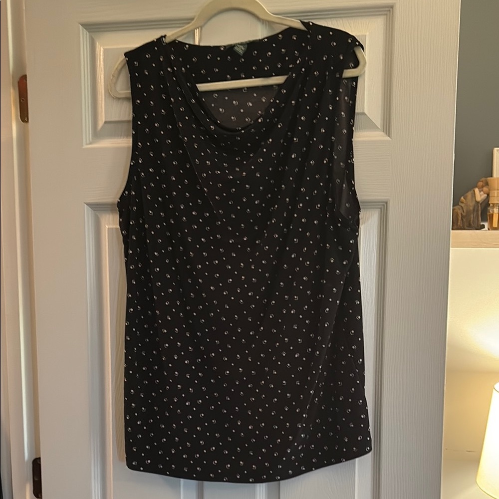 Ralph Lauren Black and White Geometric Polka Dot Sleeveless Draped Neck Top
